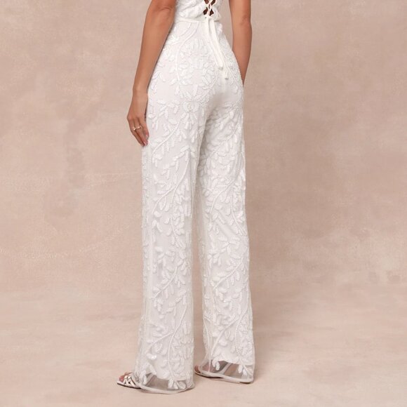 NWT XS Glittering Influence White Mesh Beaded Lace-Up Jumpsuit - Picture 6 of 8